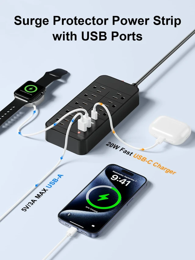 Alt view image 3 of 7 - Surge Protector Power Strip - 8 Outlets with 1 USB-C and 3 USB-A Ports for Multiple Devices,5ft Extension Cord,20W USB C Fast Charging for Home/Office