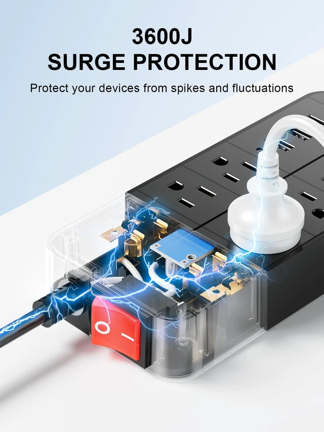 Alt view image 4 of 7 - Surge Protector Power Strip - 8 Outlets with 1 USB-C and 3 USB-A Ports for Multiple Devices,5ft Extension Cord,20W USB C Fast Charging for Home/Office