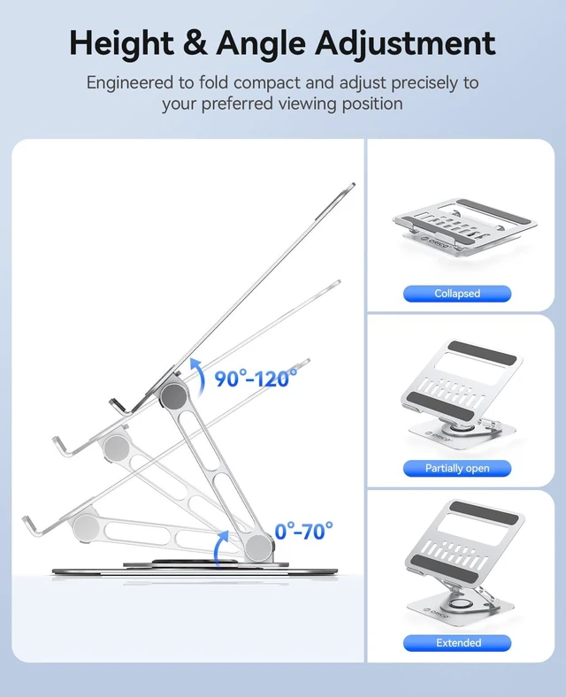 Alt view image 3 of 7 - Adjustable Laptop Stand for Desk, 360° Rotating Base, ST12-Silver Stable Aluminum Riser with Steel Base Fits MacBook Neo Air Pro Dell XPS 13-17", Foldable Cooling Stand, Holds Up to 11 lbs