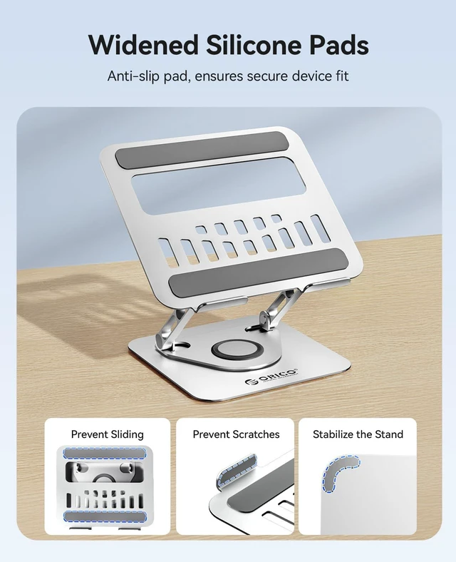 Alt view image 6 of 7 - Adjustable Laptop Stand for Desk, 360° Rotating Base, ST12-Silver Stable Aluminum Riser with Steel Base Fits MacBook Neo Air Pro Dell XPS 13-17", Foldable Cooling Stand, Holds Up to 11 lbs
