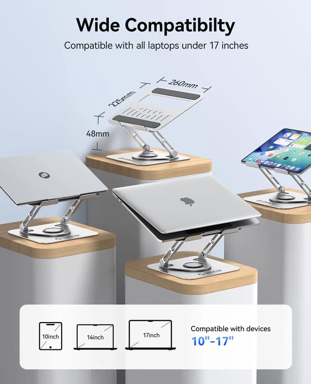 Alt view image 5 of 7 - Adjustable Laptop Stand for Desk, 360° Rotating Base, ST12-Silver Stable Aluminum Riser with Steel Base Fits MacBook Neo Air Pro Dell XPS 13-17", Foldable Cooling Stand, Holds Up to 11 lbs