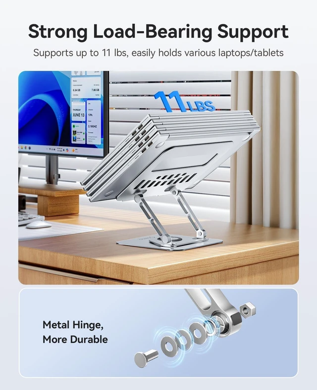 Alt view image 7 of 7 - Adjustable Laptop Stand for Desk, 360° Rotating Base, ST12-Silver Stable Aluminum Riser with Steel Base Fits MacBook Neo Air Pro Dell XPS 13-17", Foldable Cooling Stand, Holds Up to 11 lbs