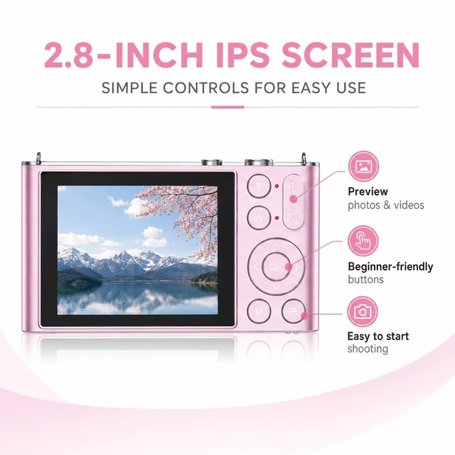 Alt view image 2 of 6 - 4K Digital Camera for Teens and Beginners, 72MP Point and Shoot Camera with Autofocus, 16X Digital Zoom, 2.8 Inch IPS Screen, Type-C Rechargeable Compact Camera with 32GB Card, Pink