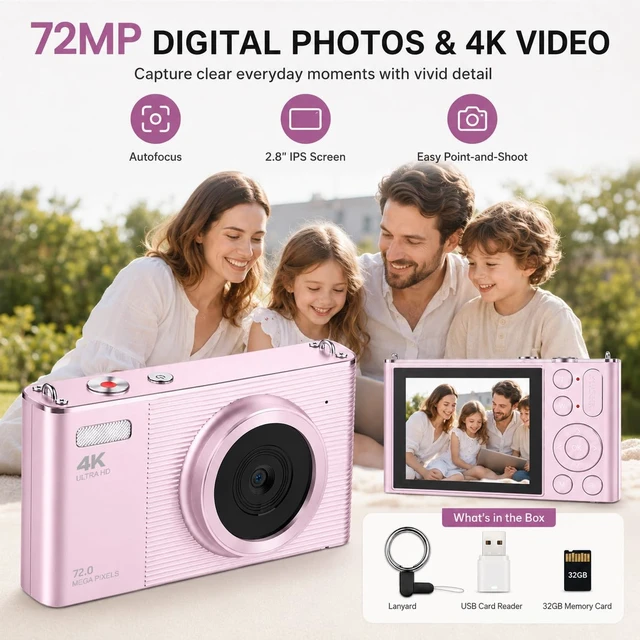 Alt view image 3 of 6 - 4K Digital Camera for Teens and Beginners, 72MP Point and Shoot Camera with Autofocus, 16X Digital Zoom, 2.8 Inch IPS Screen, Type-C Rechargeable Compact Camera with 32GB Card, Pink