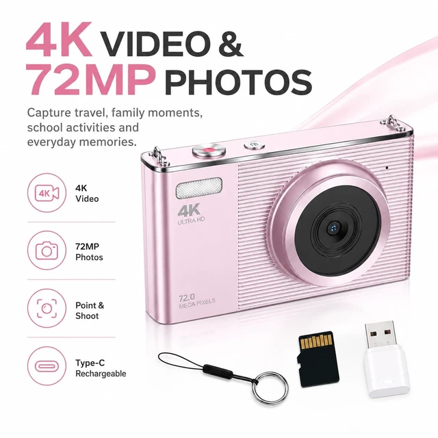 Alt view image 4 of 6 - 4K Digital Camera for Teens and Beginners, 72MP Point and Shoot Camera with Autofocus, 16X Digital Zoom, 2.8 Inch IPS Screen, Type-C Rechargeable Compact Camera with 32GB Card, Pink