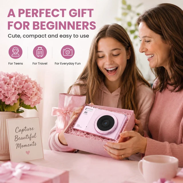Alt view image 6 of 6 - 4K Digital Camera for Teens and Beginners, 72MP Point and Shoot Camera with Autofocus, 16X Digital Zoom, 2.8 Inch IPS Screen, Type-C Rechargeable Compact Camera with 32GB Card, Pink