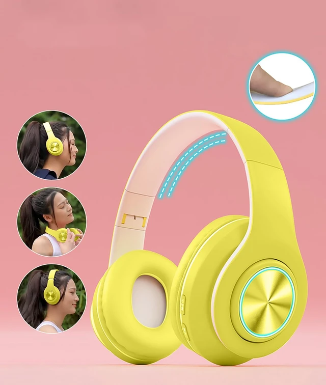 Alt view image 6 of 6 - Bluetooth Over Ear Headphones with Colorful LED Lights,Hi-Fi Stereo Foldable Headphones with Microphone, Wired & Wireless for Classroom/Home Office/PC/Mobile (Yellow)