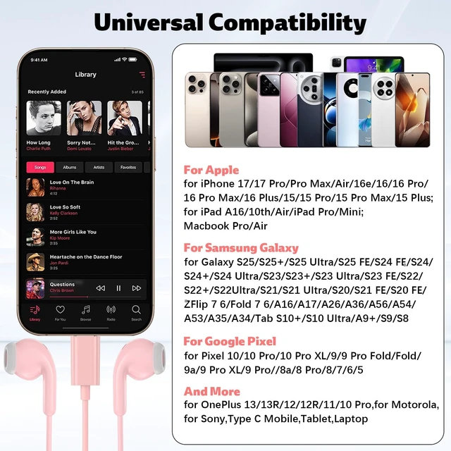 Alt view image 7 of 7 - USB C Headphones for iPhone 18 Pro/17 Pro Max 16 Wired Earbuds,Pink Type C Earphones with Mic Volume Control,Stereo Corded Headphones for Samsung S26 S25 S24 A16 A17 for Apple iPad Air 11 10th