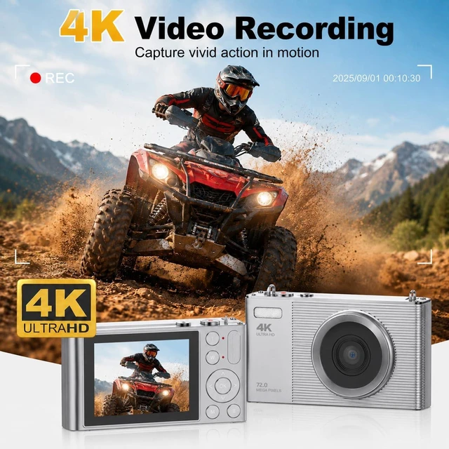 Alt view image 7 of 7 - 4K Digital Camera for Teens and Beginners, 72MP Point and Shoot Camera with Autofocus, 16X Digital Zoom, 2.8 Inch IPS Screen, Type-C Rechargeable Compact Camera with 32GB Card, Silver