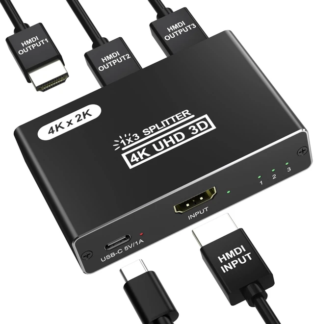Main image of HDMI Splitter 1 in 3 Out, 4K HDMI Distributor for Triple Monitors, HDMI Splitter Copy 1 Source to 3 Displays at The Same Time for TV/Monitor/Projector/PS5/Laptop/STB (Power Cable Must Be Connected)