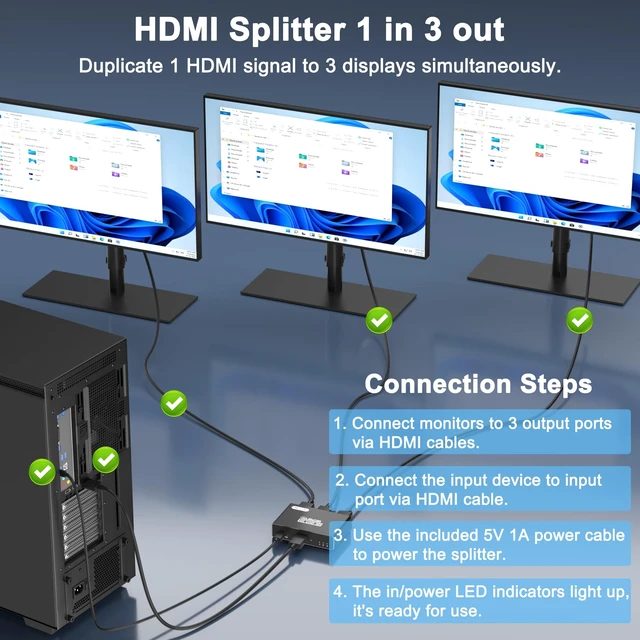 Alt view image 2 of 7 - HDMI Splitter 1 in 3 Out, 4K HDMI Distributor for Triple Monitors, HDMI Splitter Copy 1 Source to 3 Displays at The Same Time for TV/Monitor/Projector/PS5/Laptop/STB (Power Cable Must Be Connected)