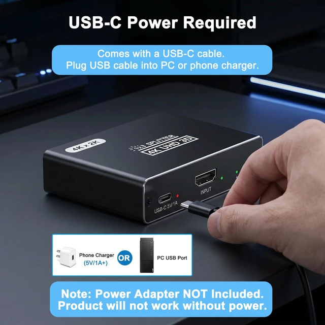 Alt view image 4 of 7 - HDMI Splitter 1 in 3 Out, 4K HDMI Distributor for Triple Monitors, HDMI Splitter Copy 1 Source to 3 Displays at The Same Time for TV/Monitor/Projector/PS5/Laptop/STB (Power Cable Must Be Connected)