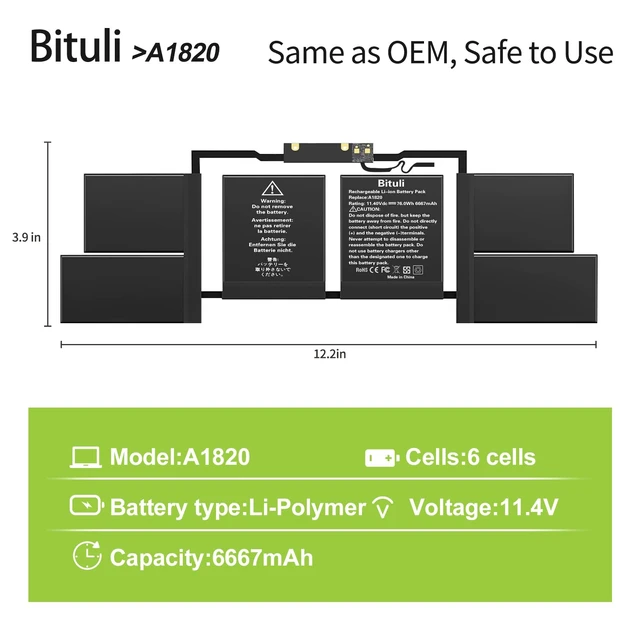 Alt view image 2 of 6 - A1820 A1707 Battery for MacBook Pro 15 inch A1707 (Late 2016 Mid 2017) Touch Bar EMC 3162 3072 Series MLH32LL/A MLH42LL/A MLW72LL/A MLW72HN/A MLW82LL/A MPTR2LL/A MPTT2LL/A