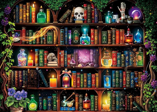 Alt view image 2 of 7 - Halloween Scientist Laboratory Backdrop Witch Bookshelf Magic Poison Apothecary Skull Photography Background Kids Adult Halloween Wizard Theme Home Library Party Decorations Banner Supplies (8x6FT)