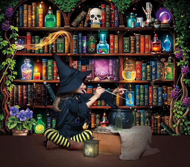 Alt view image 3 of 7 - Halloween Scientist Laboratory Backdrop Witch Bookshelf Magic Poison Apothecary Skull Photography Background Kids Adult Halloween Wizard Theme Home Library Party Decorations Banner Supplies (8x6FT)