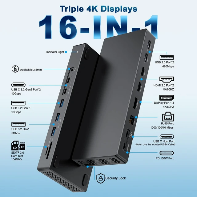 Alt view image 3 of 7 - Surface Thunderbolt 4 Dock 16 in 1 Triple Displays with Power Adapter Dual HDMI+DisplayPort Surface Pro Docking Station for Surface Pro 13 12 11 10 9 8 7 X, Surface Laptop 7 6 5, Go, Book