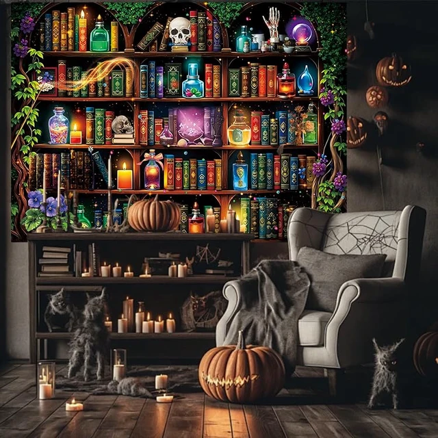 Alt view image 4 of 7 - Halloween Scientist Laboratory Backdrop Witch Bookshelf Magic Poison Apothecary Skull Photography Background Kids Adult Halloween Wizard Theme Home Library Party Decorations Banner Supplies (8x6FT)
