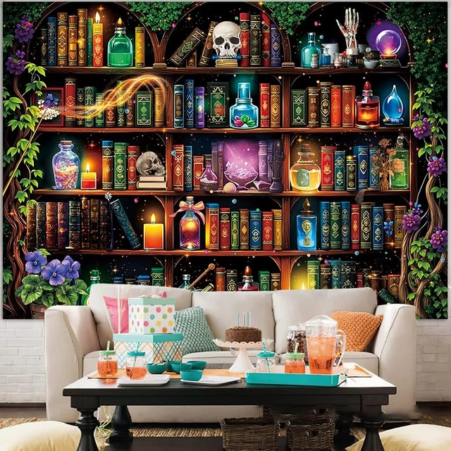 Alt view image 6 of 7 - Halloween Scientist Laboratory Backdrop Witch Bookshelf Magic Poison Apothecary Skull Photography Background Kids Adult Halloween Wizard Theme Home Library Party Decorations Banner Supplies (8x6FT)