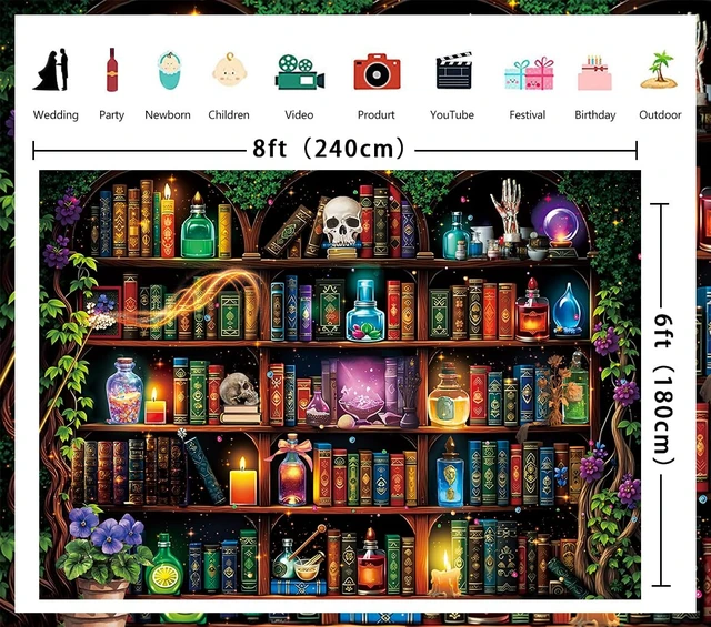 Alt view image 7 of 7 - Halloween Scientist Laboratory Backdrop Witch Bookshelf Magic Poison Apothecary Skull Photography Background Kids Adult Halloween Wizard Theme Home Library Party Decorations Banner Supplies (8x6FT)