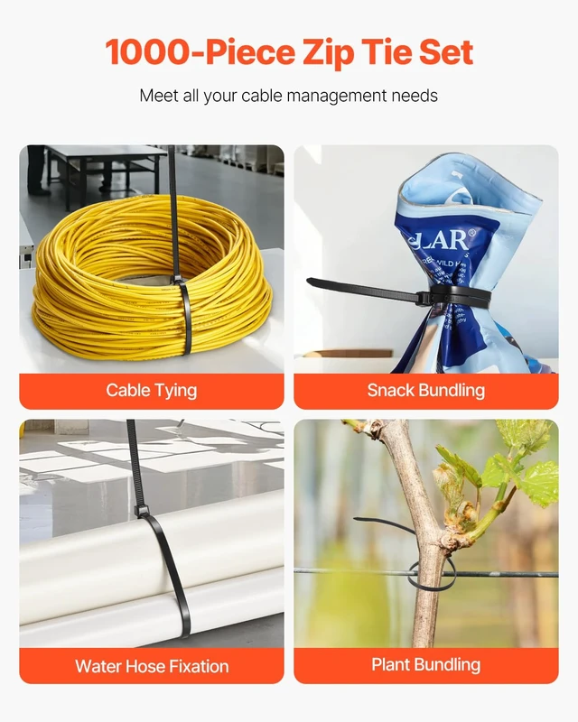 Alt view image 2 of 7 - 1000 Pack Cable Zip Ties, 12-inch Heavy Duty Cable Wire Ties with 50LBS High Tensile Strength, Multi-Purpose Self-Locking Nylon Tie Wraps, Heat & Cold Resistant for Indoor and Outdoor Use