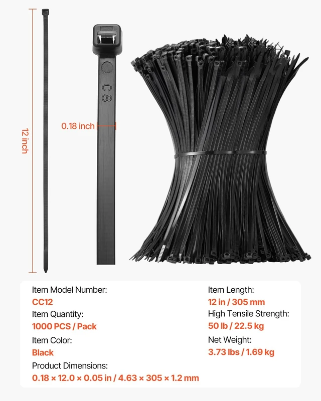 Alt view image 7 of 7 - 1000 Pack Cable Zip Ties, 12-inch Heavy Duty Cable Wire Ties with 50LBS High Tensile Strength, Multi-Purpose Self-Locking Nylon Tie Wraps, Heat & Cold Resistant for Indoor and Outdoor Use