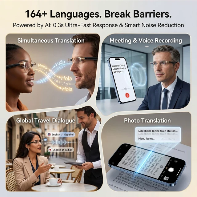 Alt view image 4 of 7 - Smart AI Glasses with 164 Languages Translator, Photochromic, Gold