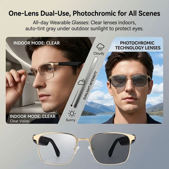 Alt view image 6 of 7 - Smart AI Glasses with 164 Languages Translator, Photochromic, Gold
