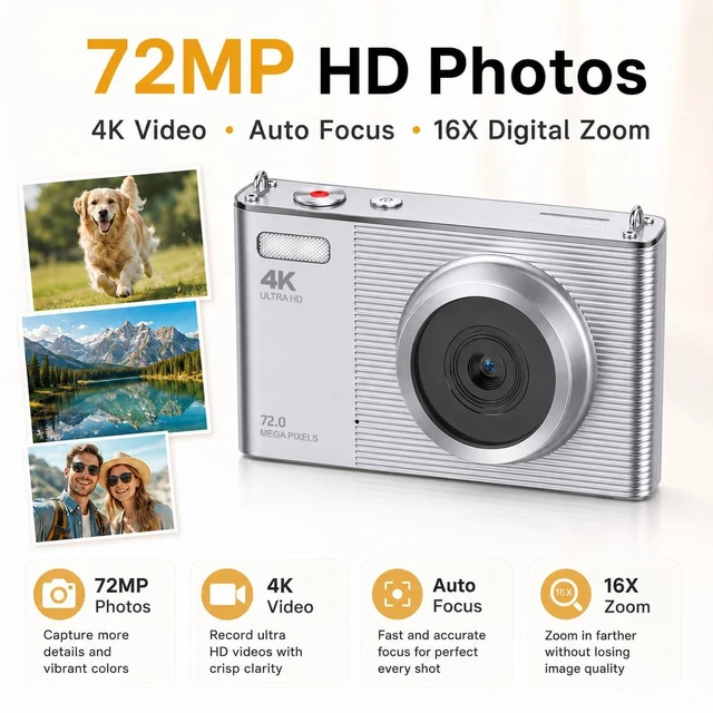 Alt view image 2 of 7 - 4K Digital Camera for Teens and Beginners, 72MP Point and Shoot Camera with Autofocus, 16X Digital Zoom, 2.8 Inch IPS Screen, Type-C Rechargeable Compact Camera with 32GB Card, Silver