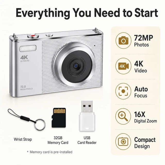 Alt view image 3 of 7 - 4K Digital Camera for Teens and Beginners, 72MP Point and Shoot Camera with Autofocus, 16X Digital Zoom, 2.8 Inch IPS Screen, Type-C Rechargeable Compact Camera with 32GB Card, Silver