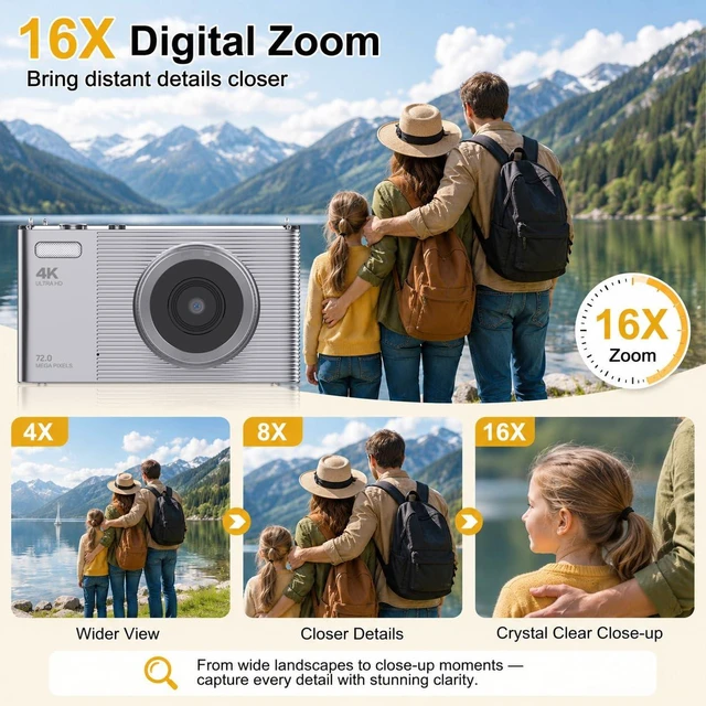 Alt view image 4 of 7 - 4K Digital Camera for Teens and Beginners, 72MP Point and Shoot Camera with Autofocus, 16X Digital Zoom, 2.8 Inch IPS Screen, Type-C Rechargeable Compact Camera with 32GB Card, Silver
