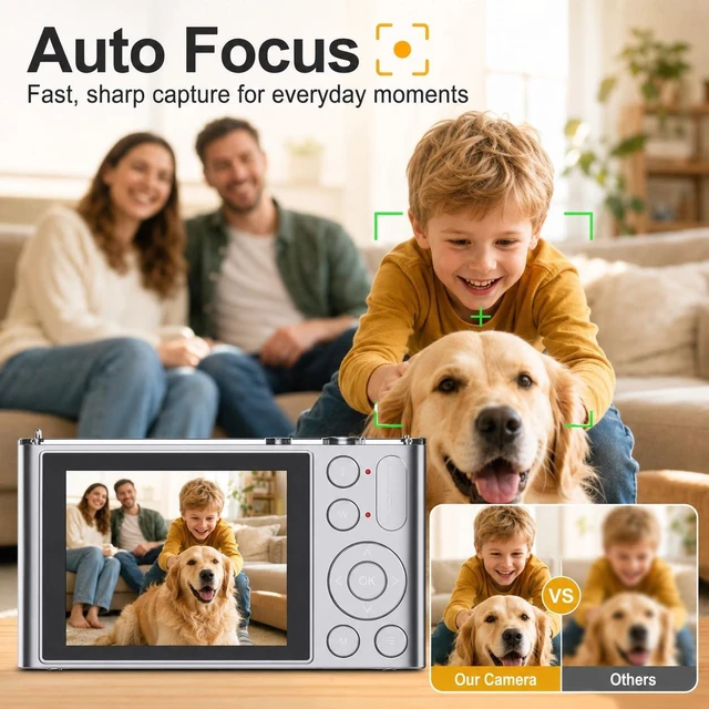 Alt view image 5 of 7 - 4K Digital Camera for Teens and Beginners, 72MP Point and Shoot Camera with Autofocus, 16X Digital Zoom, 2.8 Inch IPS Screen, Type-C Rechargeable Compact Camera with 32GB Card, Silver