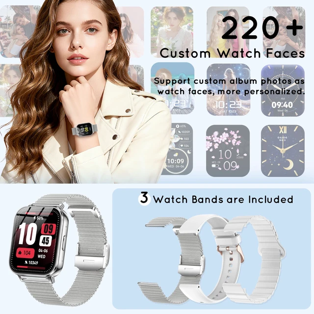 Alt view image 4 of 7 - Smart Watch for Women 44MM Android & iPhone 30 Day+ Battery Fitness Tracker Make/Answer Call Smartwatch with Sleep Heart Rate SpO2 Monitor 120+Sport Step IP68 Waterproof, 3 Bands/1000mAh