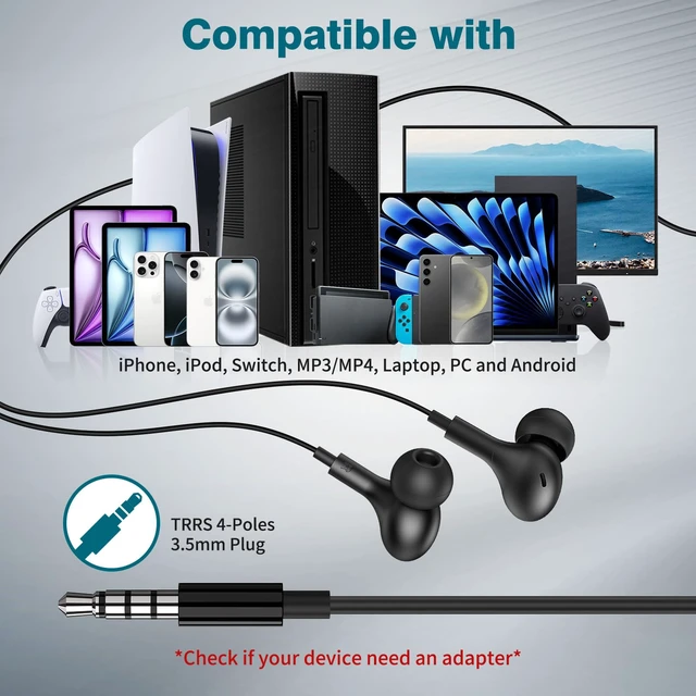 Alt view image 3 of 7 - Wired Earbuds in-Ear Headphones 3.5mm Jack for Laptop/School Black Noise Isolation Small Earphones, Corded Plug-in Ear Buds Mic Volume Control for iPhone/Samsung/Android/PC/Gaming Console/Kids