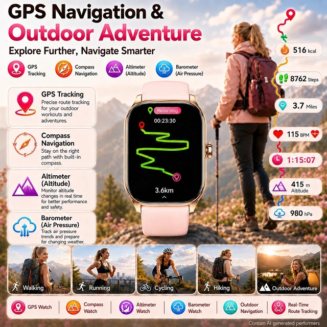 Alt view image 2 of 7 - Smart Watch for Women Built-in GPS with AI (Answer/Make Call), 1.96" HD Display, IP68 Waterproof, Bluetooth Calls, 100+ Sport Modes, 24/7 Health Monitor, Fitness Tracker for Android iPhone