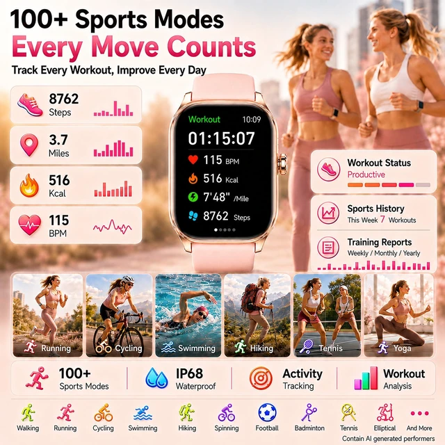 Alt view image 6 of 7 - Smart Watch for Women Built-in GPS with AI (Answer/Make Call), 1.96" HD Display, IP68 Waterproof, Bluetooth Calls, 100+ Sport Modes, 24/7 Health Monitor, Fitness Tracker for Android iPhone