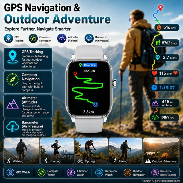 Alt view image 2 of 7 - Smart Watch for Men Women Built-in GPS with AI (Answer/Make Call), 1.96" HD Display, IP68 Waterproof, Bluetooth Calls, 100+ Sport Modes, 24/7 Health Monitor, Fitness Tracker for Android iPhone