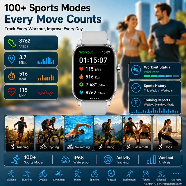 Alt view image 6 of 7 - Smart Watch for Men Women Built-in GPS with AI (Answer/Make Call), 1.96" HD Display, IP68 Waterproof, Bluetooth Calls, 100+ Sport Modes, 24/7 Health Monitor, Fitness Tracker for Android iPhone