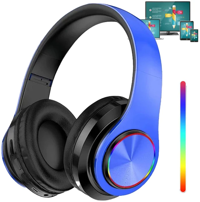 Main image of Blue Wireless Headphone Over Ear,Build in Mic,Foldable,Comfortable RGB Bluetooth Headphones with Colorful LED Lights for PC/Laptop/Tablet/Phone Gaming/Exercise/Calling, HiFi Stereo Sound