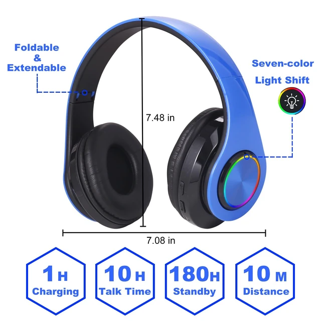 Alt view image 2 of 6 - Blue Wireless Headphone Over Ear,Build in Mic,Foldable,Comfortable RGB Bluetooth Headphones with Colorful LED Lights for PC/Laptop/Tablet/Phone Gaming/Exercise/Calling, HiFi Stereo Sound