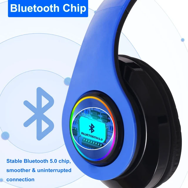Alt view image 3 of 6 - Blue Wireless Headphone Over Ear,Build in Mic,Foldable,Comfortable RGB Bluetooth Headphones with Colorful LED Lights for PC/Laptop/Tablet/Phone Gaming/Exercise/Calling, HiFi Stereo Sound
