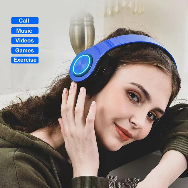 Alt view image 6 of 6 - Blue Wireless Headphone Over Ear,Build in Mic,Foldable,Comfortable RGB Bluetooth Headphones with Colorful LED Lights for PC/Laptop/Tablet/Phone Gaming/Exercise/Calling, HiFi Stereo Sound