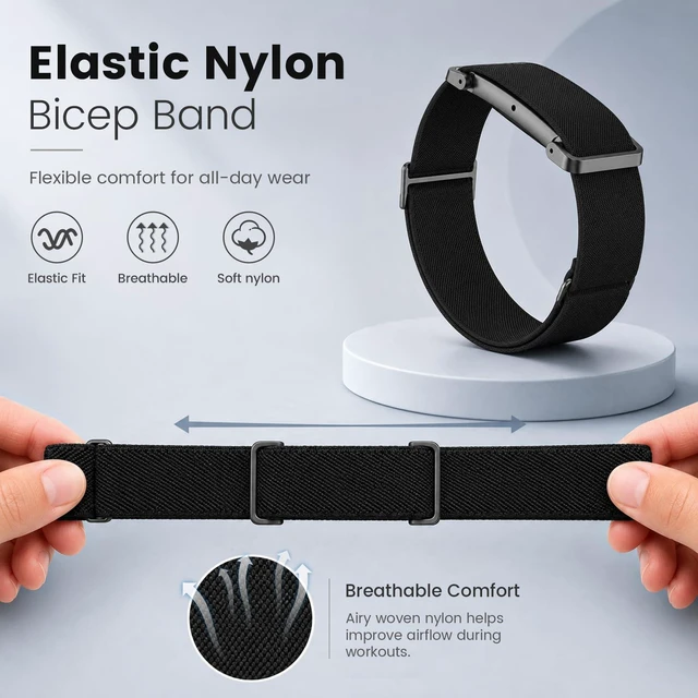 Alt view image 3 of 7 - Elastic Nylon Bicep Band Compatible with Google Fitbit Air, Adjustable Stretch Woven Arm Strap with Sliding Buckle and Integrated Metal Frame