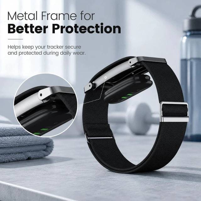 Alt view image 4 of 7 - Elastic Nylon Bicep Band Compatible with Google Fitbit Air, Adjustable Stretch Woven Arm Strap with Sliding Buckle and Integrated Metal Frame
