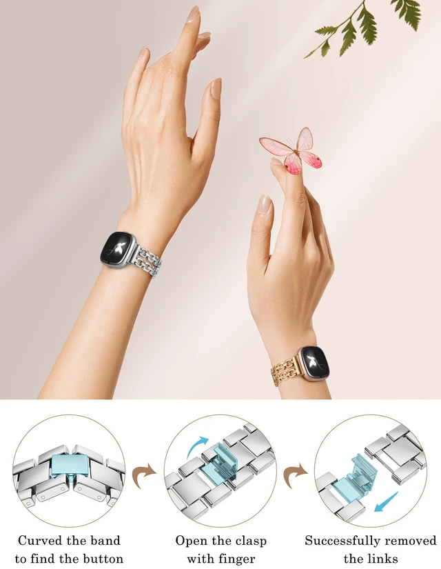 Alt view image 4 of 6 - Metal Band Compatible with Fitbit Versa 4 3/Sense 2 1 Bands Women Dressy Chain Strap Designer Stainless Steel Bracelet Wristband for Versa 3 4/Sense 2/Sense Smartwatch Accessories