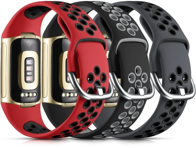 Main image of Compatible with Fitbit Charge 6 Band Men Women/Fitbit Charge 5 Band Sport Band Silicone Wrist Strap for Charge 6 and Charge 5 Watch Accessories, Coal Black/Black Gray/Red Black, Large
