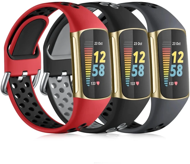 Alt view image 2 of 7 - Compatible with Fitbit Charge 6 Band Men Women/Fitbit Charge 5 Band Sport Band Silicone Wrist Strap for Charge 6 and Charge 5 Watch Accessories, Coal Black/Black Gray/Red Black, Large