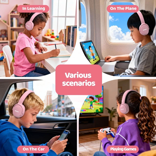 Alt view image 3 of 7 - Kids Bluetooth Headphones Wireless 68 Hours,Safe Volume Limit 85/94dB Pink Adjustable Headband Foldable Over-Ear Lightweight Headsets for Toddler Girls Boys Tablet/iPad,HD Stereo,Built-in Mic