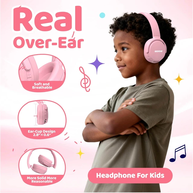 Alt view image 4 of 7 - Kids Bluetooth Headphones Wireless 68 Hours,Safe Volume Limit 85/94dB Pink Adjustable Headband Foldable Over-Ear Lightweight Headsets for Toddler Girls Boys Tablet/iPad,HD Stereo,Built-in Mic
