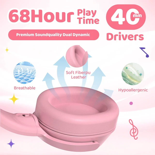 Alt view image 5 of 7 - Kids Bluetooth Headphones Wireless 68 Hours,Safe Volume Limit 85/94dB Pink Adjustable Headband Foldable Over-Ear Lightweight Headsets for Toddler Girls Boys Tablet/iPad,HD Stereo,Built-in Mic