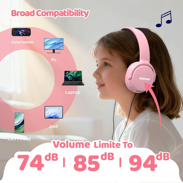 Alt view image 7 of 7 - Kids Bluetooth Headphones Wireless 68 Hours,Safe Volume Limit 85/94dB Pink Adjustable Headband Foldable Over-Ear Lightweight Headsets for Toddler Girls Boys Tablet/iPad,HD Stereo,Built-in Mic